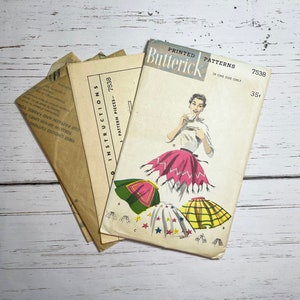 May include: Vintage sewing pattern for a skirt, featuring a woman wearing a pink and white skirt with a green and yellow skirt in the background. The pattern is from Butterick and is number 7538. The pattern is in one size only and costs 35 cents.