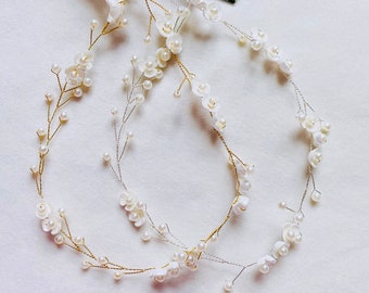 Bridal Simple White Pearl Headband,Wedding Style Pins,Bridal Hair Accessories,Flower Girl Headband,Pearl Pin,White Shell Flower Headband