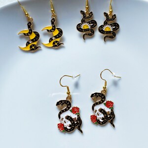 Floral Serpent Earrings,Black Snake Earrings,Animal Earrings,Gift for Her,Ships from US,Mother&#39;s Day Gift,Kawaii Gift,Cute Pretty Jewellery