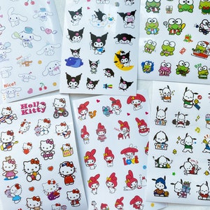 May include: A set of ten sticker sheets featuring various cartoon characters. The sheets include Hello Kitty, My Melody, Kuromi, and Keroppi. The stickers are colorful and feature a variety of poses and expressions.