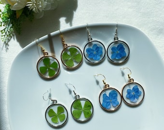 Resin Four Leaf Clover/Blue Hydrangea Earrings,Real Pressed Shamrocks,Mother's Day Gift,St. Patricks Day Jewelry,Homewarming,Lucky Earrings