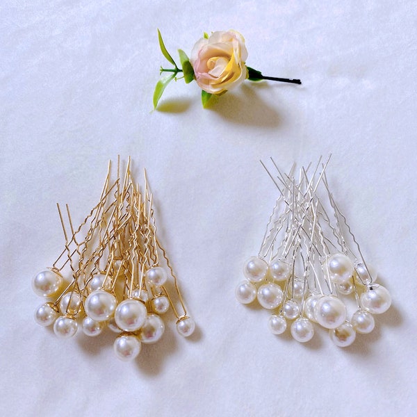 Set mit 16 Brautweißen Perlen- / Blumen-Haarnadeln, Hochzeitsstil-Pins, Brauthaarschmuck, Silber oder Gold-Haarnadel, Perlenstift, Hochzeitshaarspange