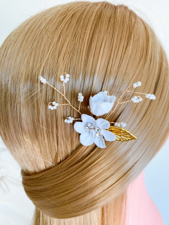 Bridal Pearl Hair Pins White Gold Leaf Flowers Clips Wedding Hair Accessories 6 PCS Pearl Bridal Wedding Hair Pins White Flower Gold Leaf  main image 3