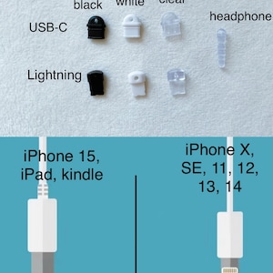 May include: A diagram illustrating the various charging port types used for Apple devices. The top row displays dust covers in different colours for USB-C, Lightning, and headphone jacks. The bottom row depicts a Type-C USB cable and a Lightning cable. The text states that iPhone 15, iPad, and Kindle devices utilise Type-C USB, whereas iPhone X, SE, 11, 12, 13, and 14 use Lightning.