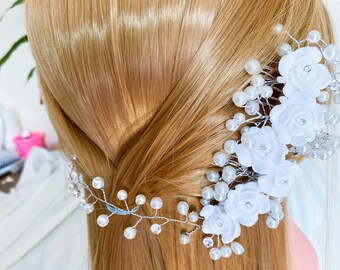 Bridal White Flower Pearl Comb,Wedding Style Pins,Bridal Hair Accessories,Flower Girl Headband,Pearl Pin,White Shell Flower Headband