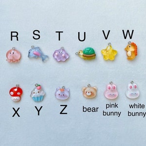 May include: A set of 16 colourful resin charms with letter and animal designs. The charms are labelled with letters from R to W and then X to Z, with the last three charms labelled "bear", "pink bunny", and "white bunny".