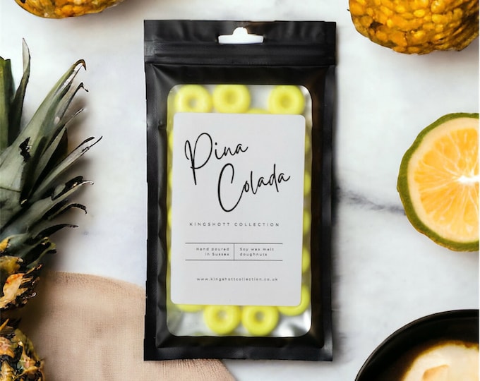 Featured listing image: Pina Colada cocktail scented soy wax melt doughnuts