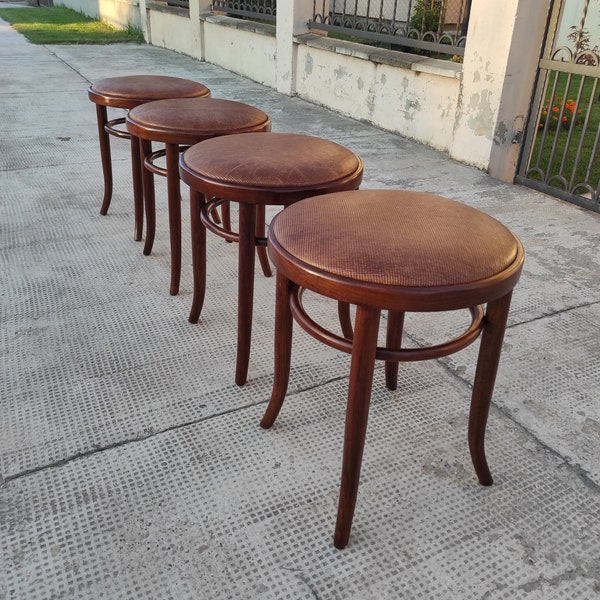 1 of 3 rare Bentwood Thonet Mundus stools, Leather and wood stools, Vintage chairs, Made in Yugoslavia in 1970s, Thonet Mundus chairs