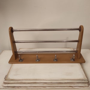 1960s Mid Century Modern Coat Rack: Wooden & Metal Hat Rack