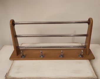 1960s Mid Century Modern Coat Rack: Wooden & Metal Hat Rack