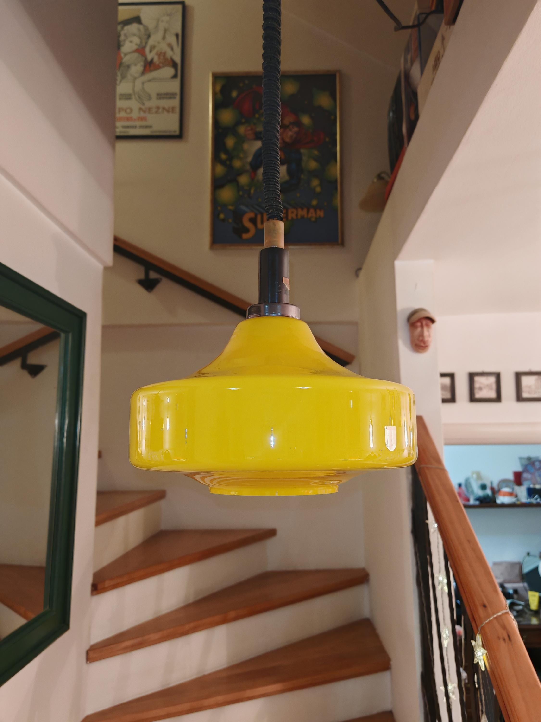 Vintage Yellow Glass Pendant Light: Mid Century Modern UFO Lamp