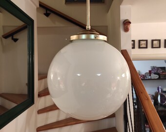 Vintage Opaline Glass Pendant Lamp: MCM Gold Aluminum Chandelier