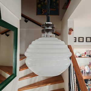 Vintage Opaline Glass Pendant Light, Mid Century Chandelier, Space age Glass Hanging Lamp, Made in Yugoslavia in the 70s, MCM light fixture