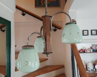 Vintage Art Deco Chandelier: 1930s Glass Pendant Light