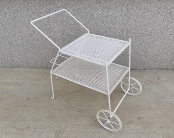 White Vintage Metal Bar Cart in the Style of Mathieu Mategot, circa 1960, Mid century trolley, MCM Modern, Made in France, Vintage bar cart