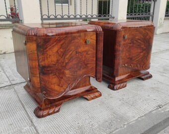 Pair of 1920s Art Deco Nightstands, Antique Nightstands, Vintage Bedside Tables, Old Bedside Cabinets, walnut cabinets, Made in Yugoslavia