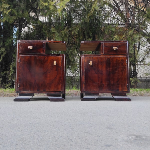 Pair of 1930s Art Deco Nightstands, Antique Nightstands, Vintage Bedside Tables, Old Bedside Cabinets, Art Deco furniture Made in Yugoslavia