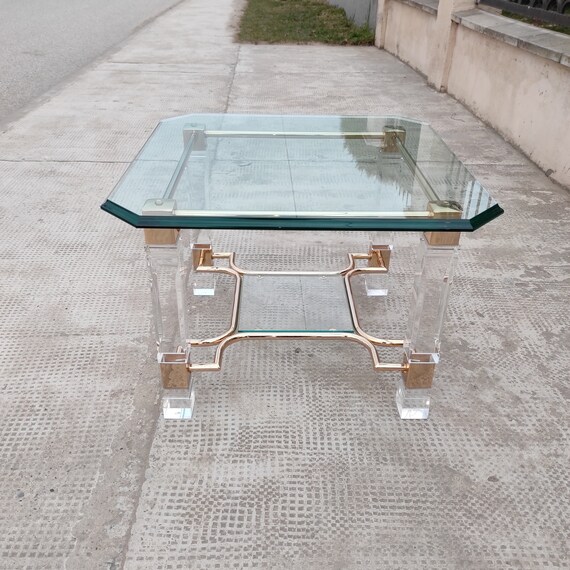 Vintage Italian Coffee Table in Lucite and Brass Mid Century
