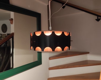 Lampa wisząca Mid Century Modern, lampa sufitowa Vintage Danish, miedź i czarny metal, lata 70.