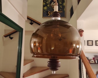 Mid Century Smoked Glass Pendant Light - 70's Space Age Ceiling Lamp