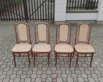 Juego de 4 sillas Thonet, silla de comedor de caña de respaldo alto, sillas de comedor estilo Thonet, hechas en Yugoslavia en la década de 1960, Mundus Florijan Bobić Varaždin