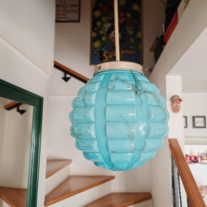 Art Deco Blue Glass Chandelier: Antique Pendant Light, 1930s Style