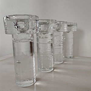 Set of 4 Hard glass candleholder, Vintage candleholder, Made in Germany, Mid Century ice block glass candle holder,  Handmade glass