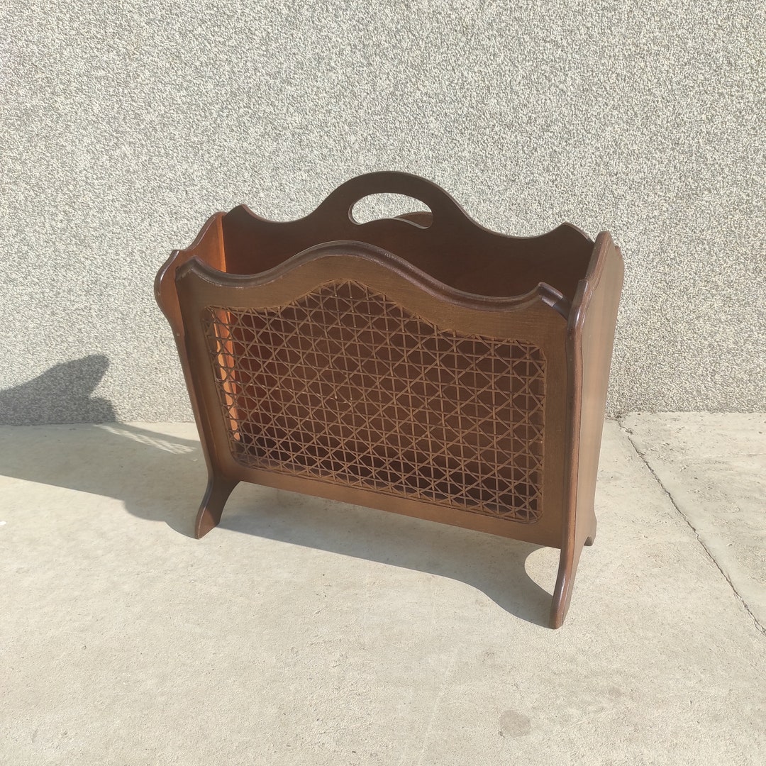 Vintage Wood and Cane Magazine Rack, MCM Magazine Rack, Mid Century