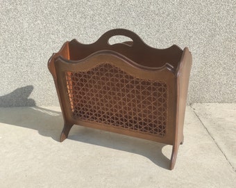 Vintage wood and cane magazine rack, MCM magazine rack, Mid Century newspaper rack, LP Holder