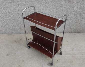 Mid Century Trolley, Leather trolley bar cart, Folding Bar Cart, Vintage Serving Cart 60s, Made in Italy, Mid Century bar cart, MCM