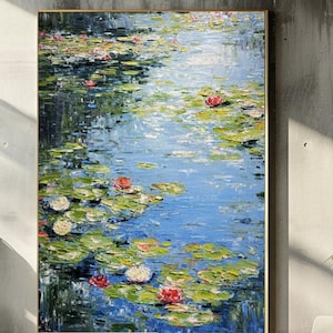 Handmade Impasto Water Lilies Oil Painting - Monet - Inspired Floral Art, Textured Blue Pond Wall Decor for Serene Home