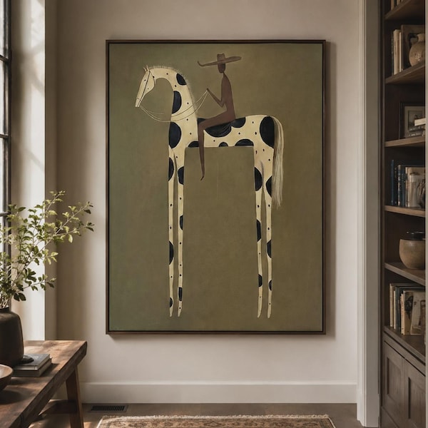 Minimalistisch olieverfschilderij gevlekt paard, kunst aan de muur westernrider, olijfgroen ruitercanvas, decor vintage ranch