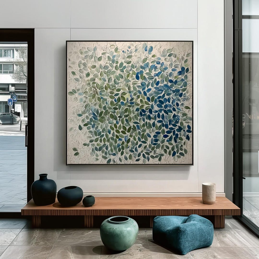 Textured Blue Green Leaf Abstract Oil Painting | Modern Floral Wall Art ...