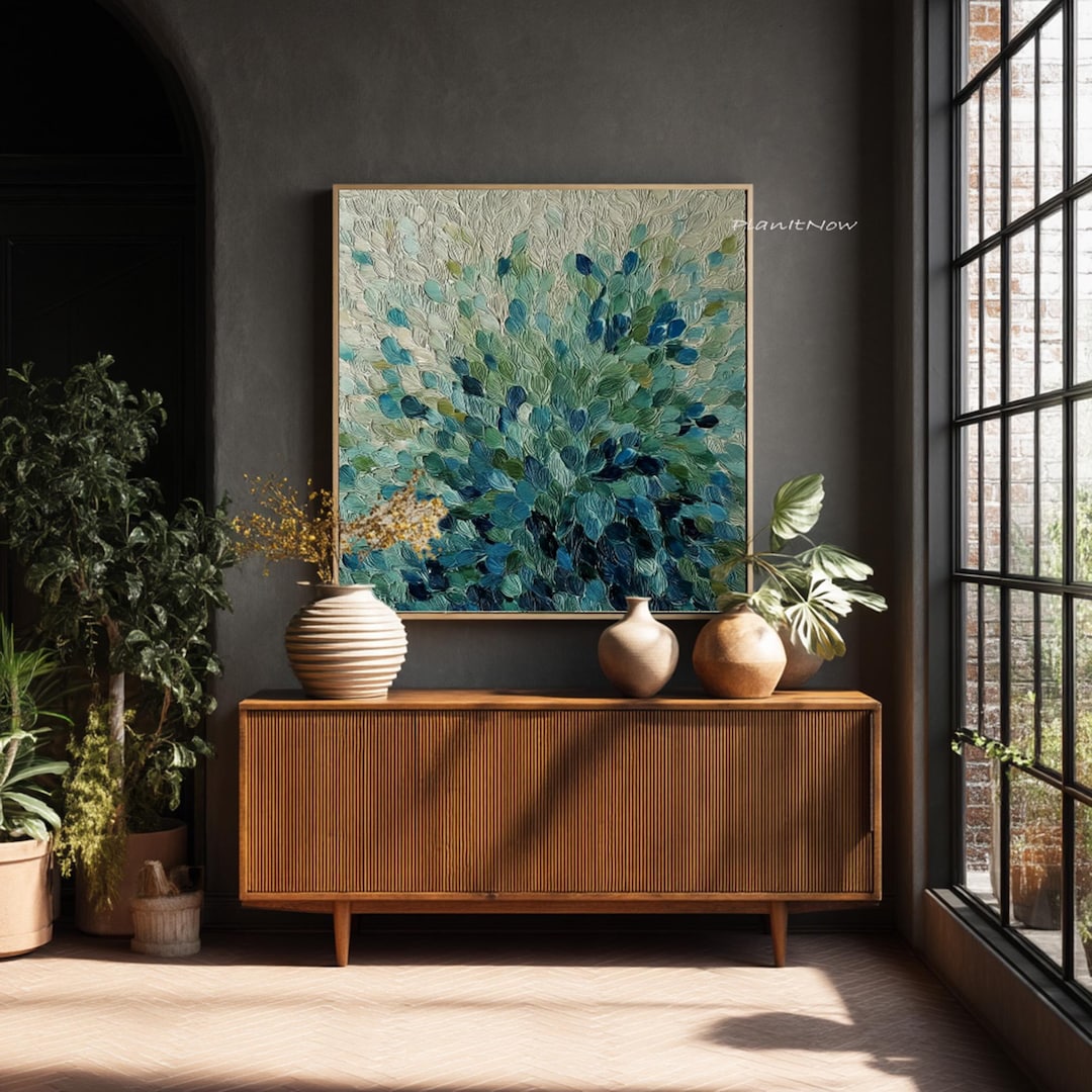 Original Abstract Leaf Painting, Blue Green Textured Wall Art, Modern ...