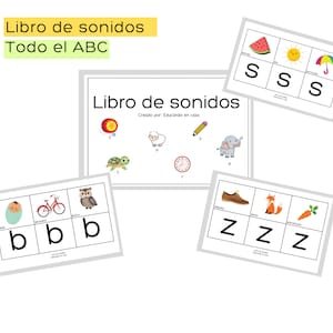 Könnte beinhalten: Ein Satz druckbarer Lernkarten zum Unterrichten von spanischen Lauten für Kinder. Die Karten zeigen farbenfrohe Illustrationen von Gegenständen und Tieren sowie den entsprechenden Buchstaben und Laut. Der Text auf den Karten lautet "Libro de sonidos" und "Todo el ABC".