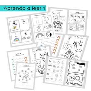 May include: Black and white worksheets for learning Spanish letters and numbers. The worksheets feature a rainbow, a butterfly, a bee, a magnet, a turtle, a dice, and a magnifying glass.