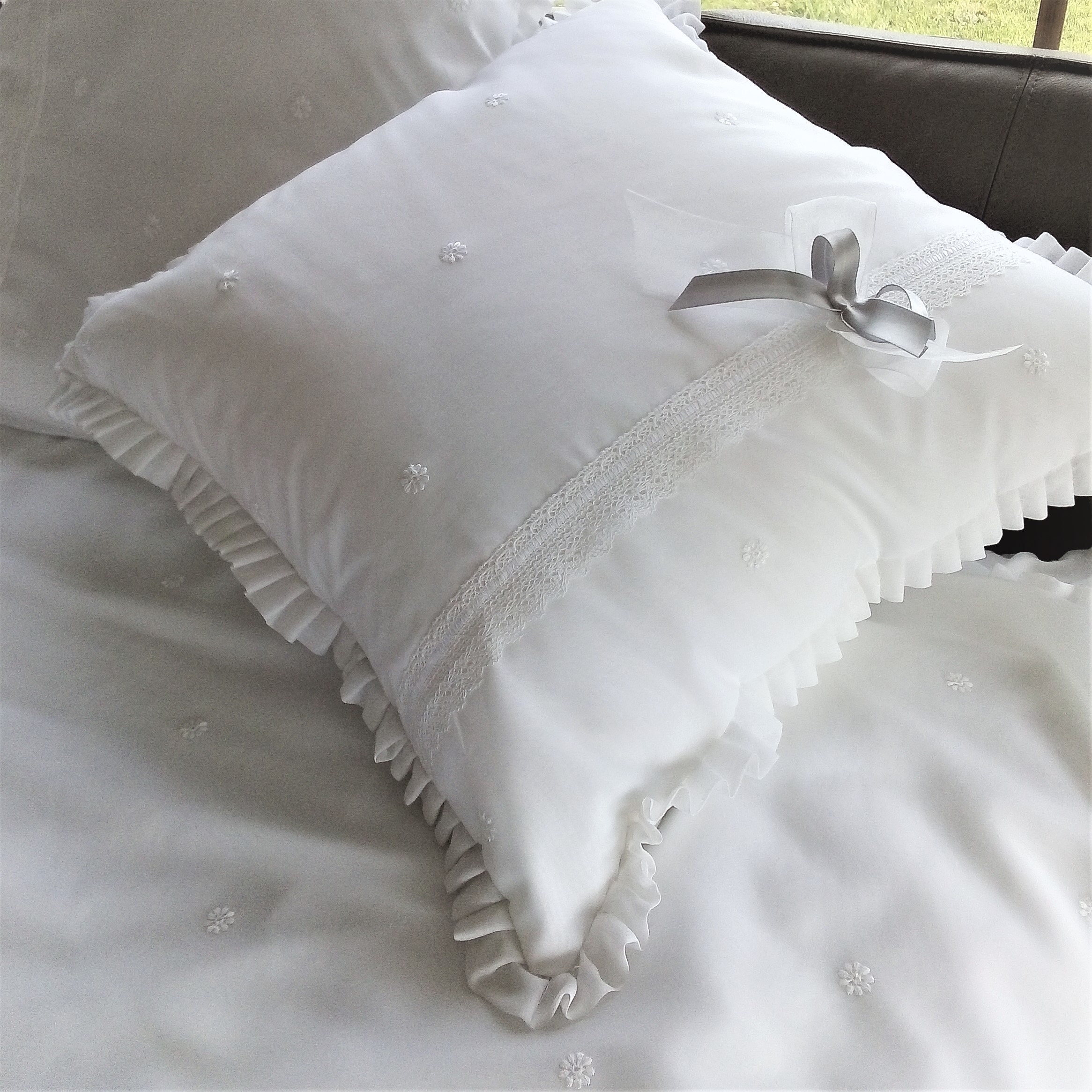 Housse de Couette et 2 Oreillers Blanc Romantique Chic Raffinée Belle Qualité