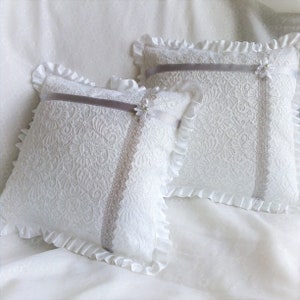 White lace cushion and gray ribbons - romantic - shabby decor - mother&#39;s day - chic countryside - quality - made in France
