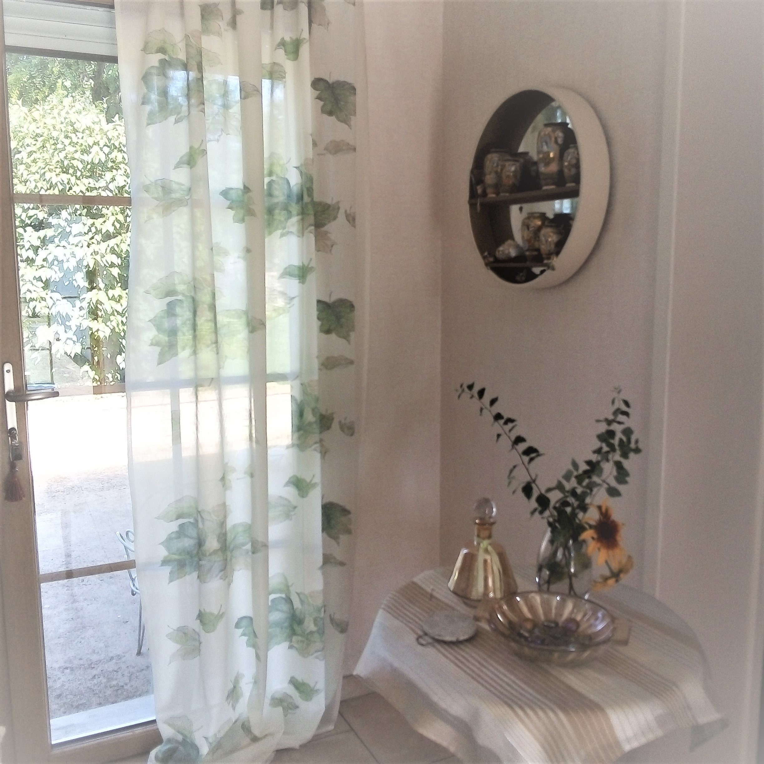 Rideau Voilage Porte Lin Polyester Écru Vert Feuilles