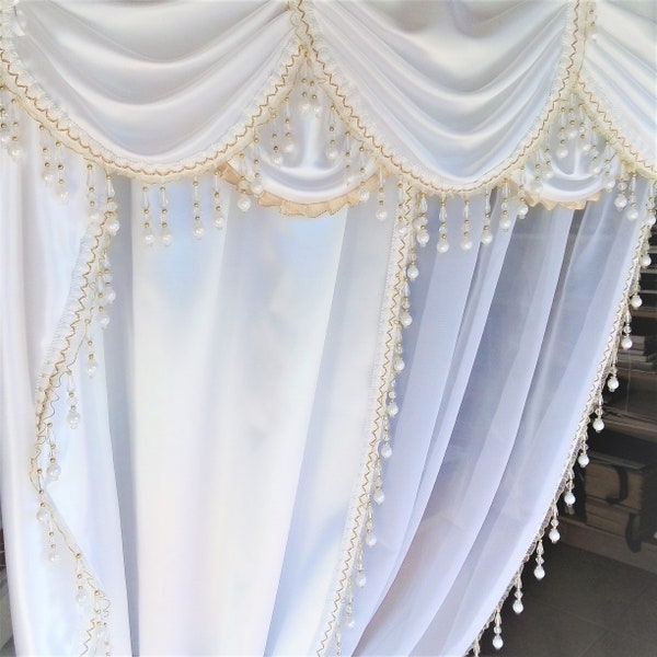 rideau  cantonnière de fenêtre  -  drapé    style  -  perles  satin  -  shabby - fabrication française