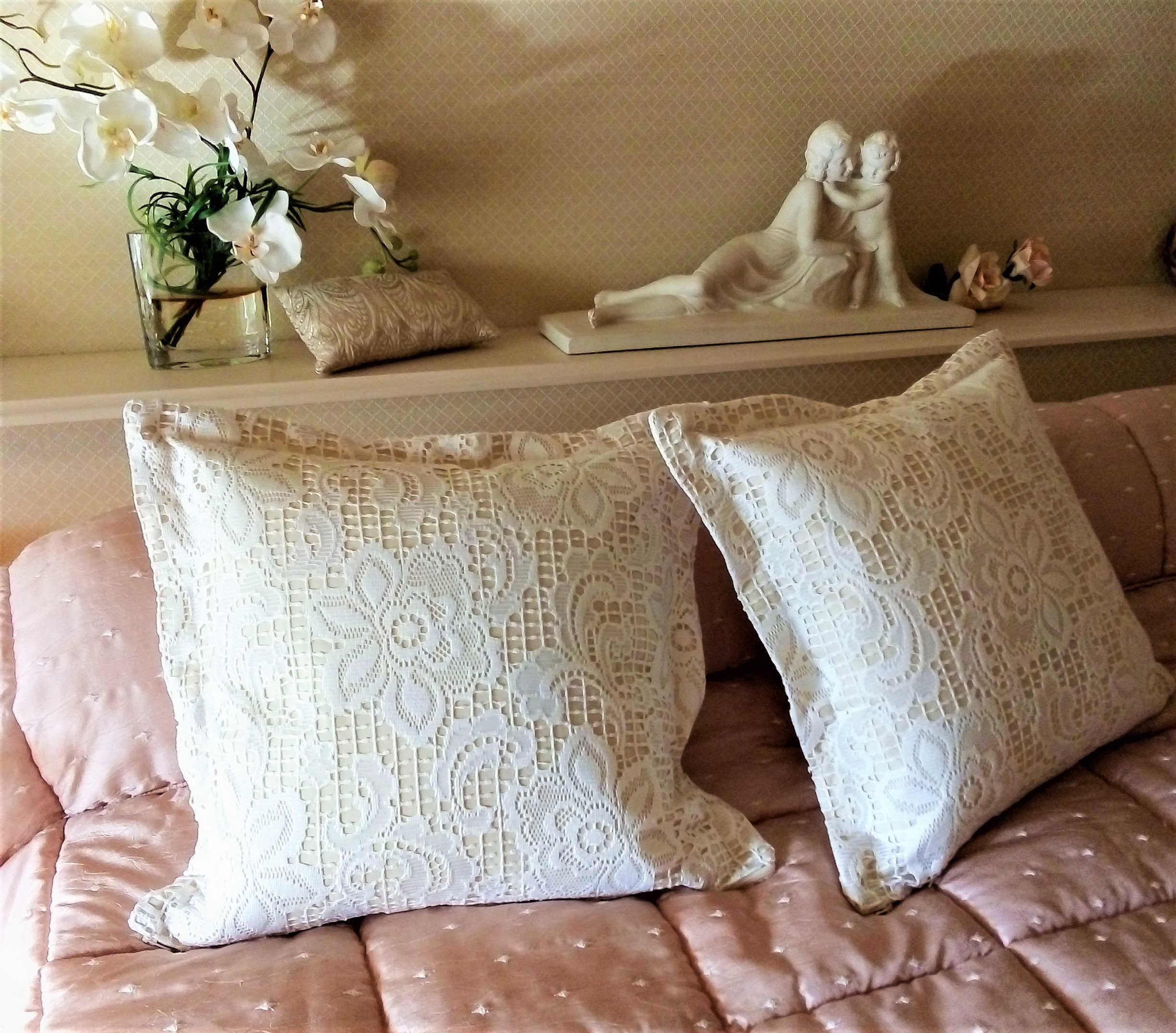 Coussin Housse Décor Macramé Dentelle Beige Écru