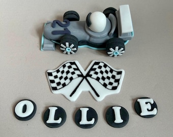 Fondant Race Car Cake Topper: Checkered Flags & Custom Name, Racing Theme Birthday Decorations