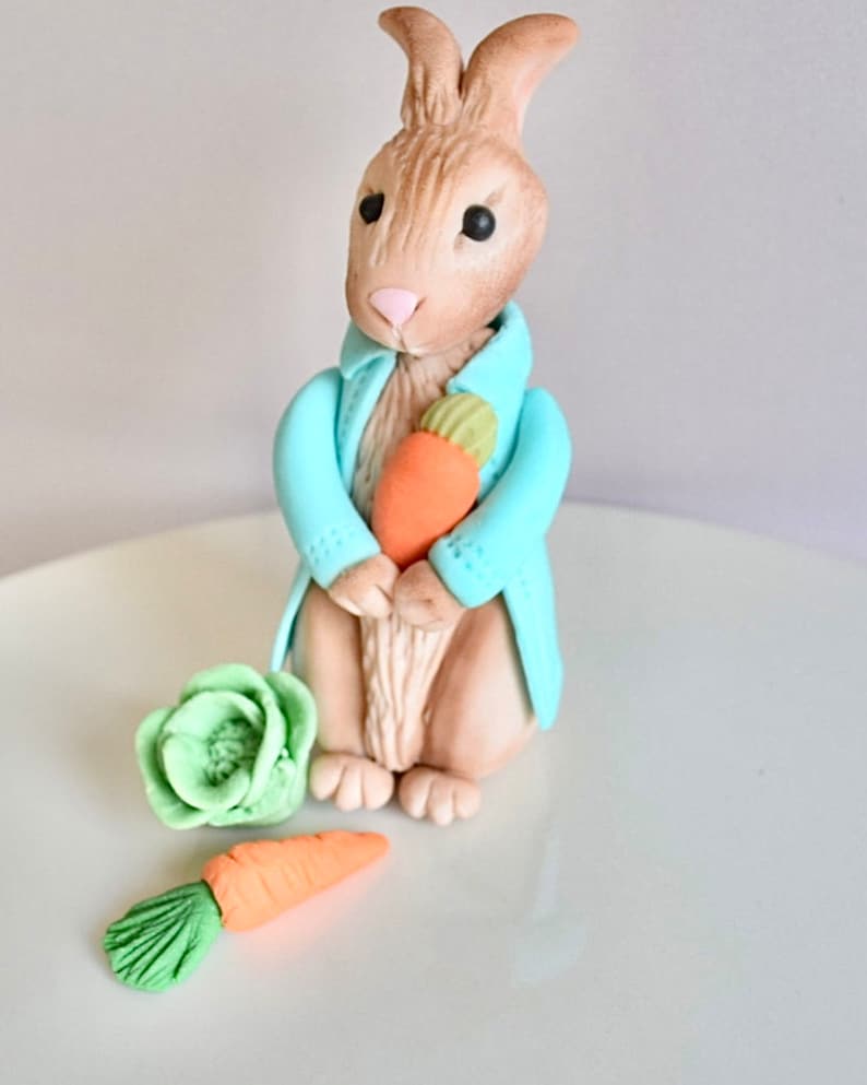 May include: A brown bunny rabbit wearing a light blue jacket and holding a carrot. The bunny is standing on a white surface with a green flower and a carrot on the side.