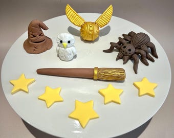 Wizard Cake Toppers: Handmade Fondant Magic Wand, Sorting Hat & Golden Snitch