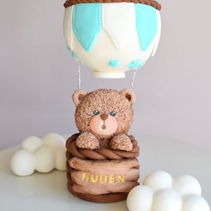 Baby Shower Hot Air Balloon & Teddy Bear Fondant Cake Topper, Hot Air Balloon Cake Topper, Teddy Bear Christening Cake Topper With Clouds.