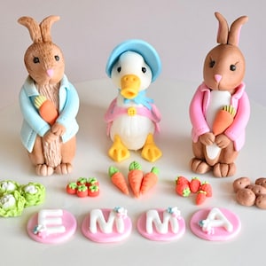 Set di decorazioni per torte in pasta di zucchero commestibile Peter Rabbit, 1° compleanno, decorazioni per baby shower, decorazioni per torte commestibili Peter Rabbit, Flopsy e Jemima Puddle-Duck