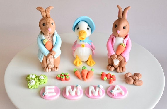 Peter Rabbit Edible Fondant Cake Topper Set, 1st Birthday, Baby Shower Topper, Peter Rabbit, Flopsy & Jemima Puddle-Duck Edible Cake Toppers