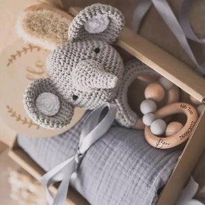 Personalised Baby Rattle box Gift, Crochet Animal Newborn baby gift Set for Baby Girl or Baby Boy Montessori toys.