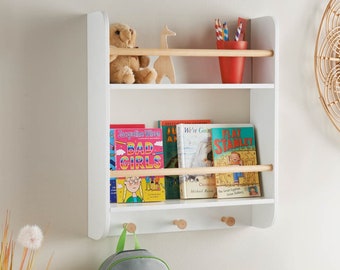 Kids Floating Wall Book Shelf with Rail. White wooden Wall Mounted Bookshelf, Nursery Gift, Baby bookcase, wall shelves.