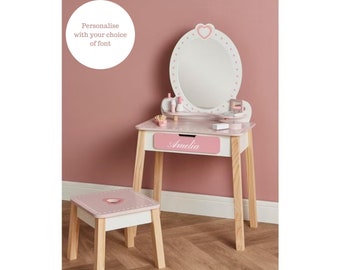 Personalised kids dressing table with stool & mirror for children 3 - 7 years; Wooden Makeup Vanity table and chair, Girls birthday gift.